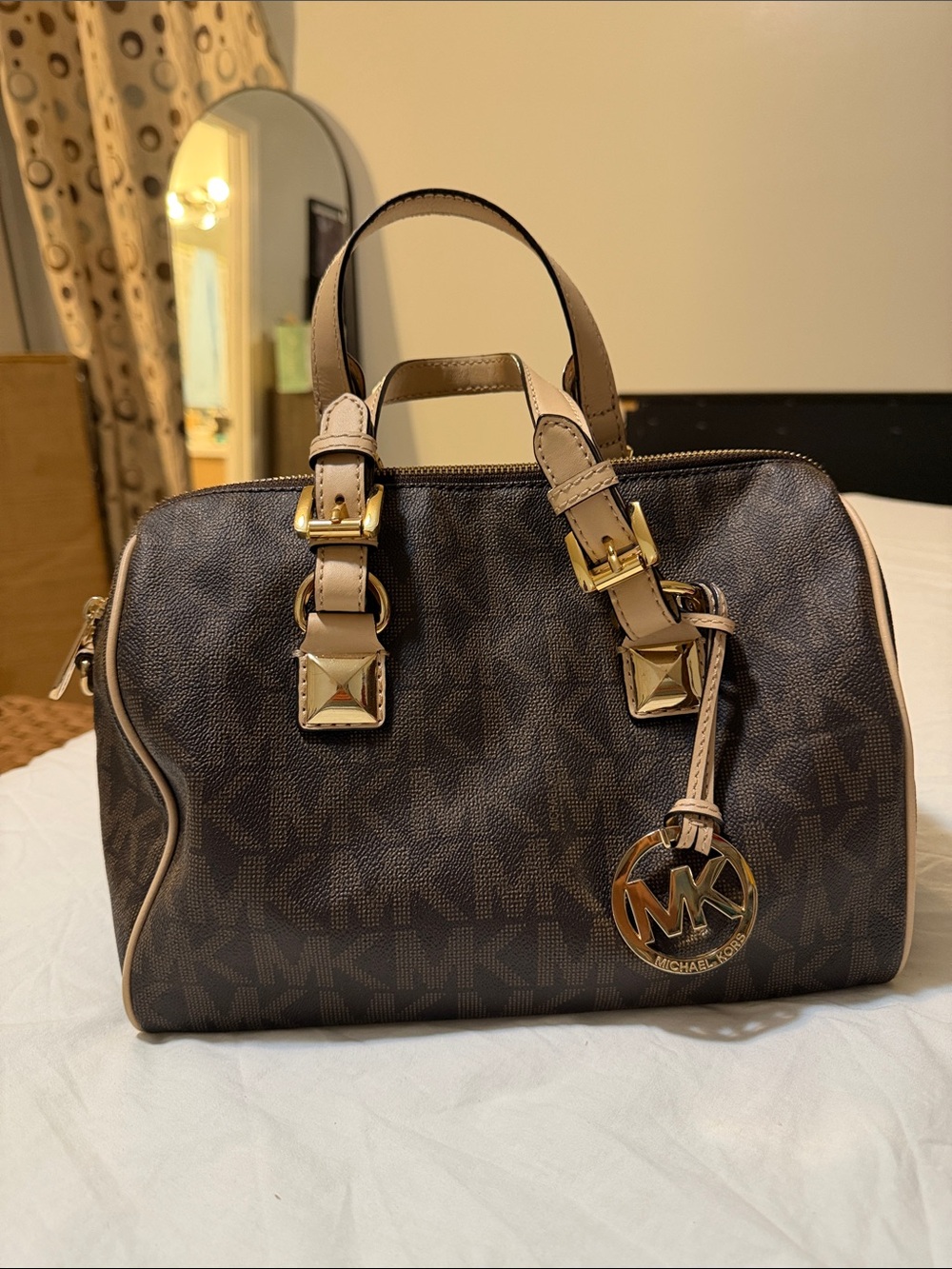 Michael Kors Brown Monogram Satchel with Tan Trim and Gold Hardware